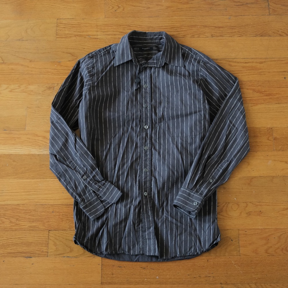 Burberry Button Down Shirt Men Grey Striped Logo Print Aesthetic 15.5 39 Longslv